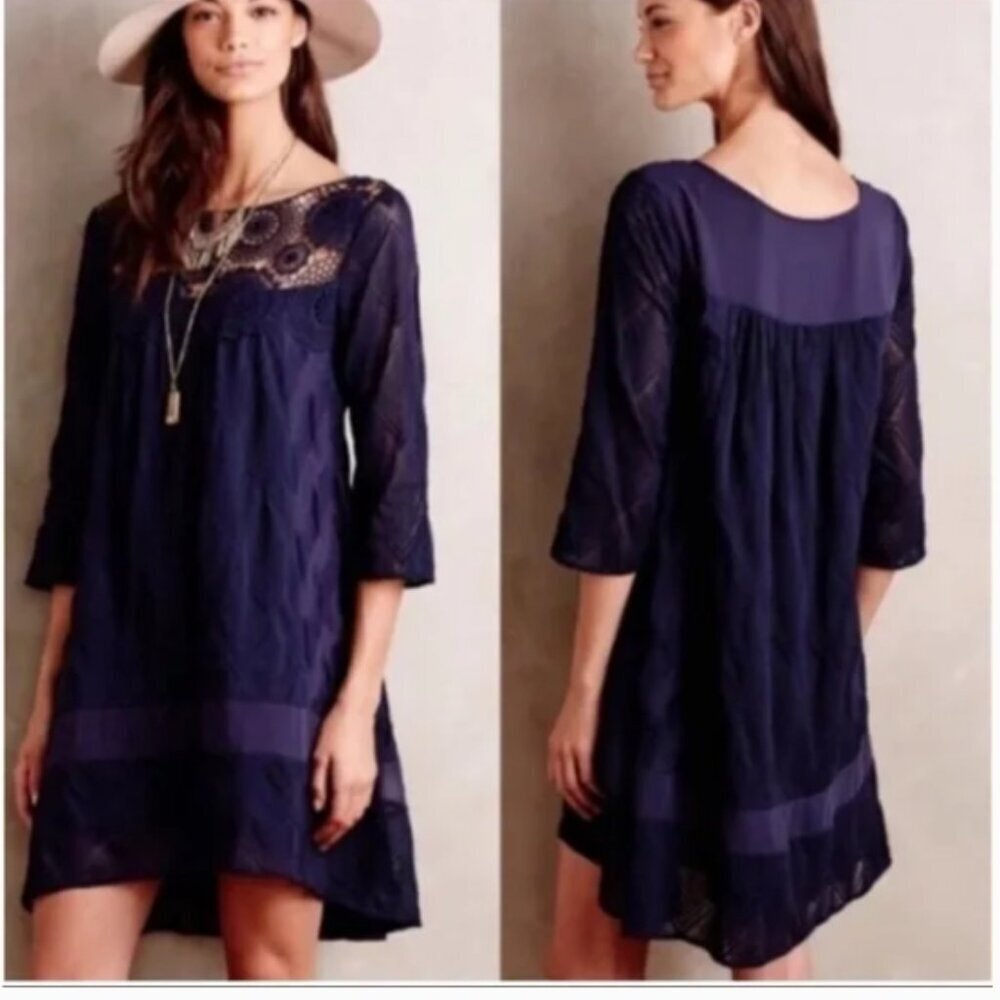 Anthropologie Holding Horses Augusta Swing Dress Navy Blue Sheer Crochet